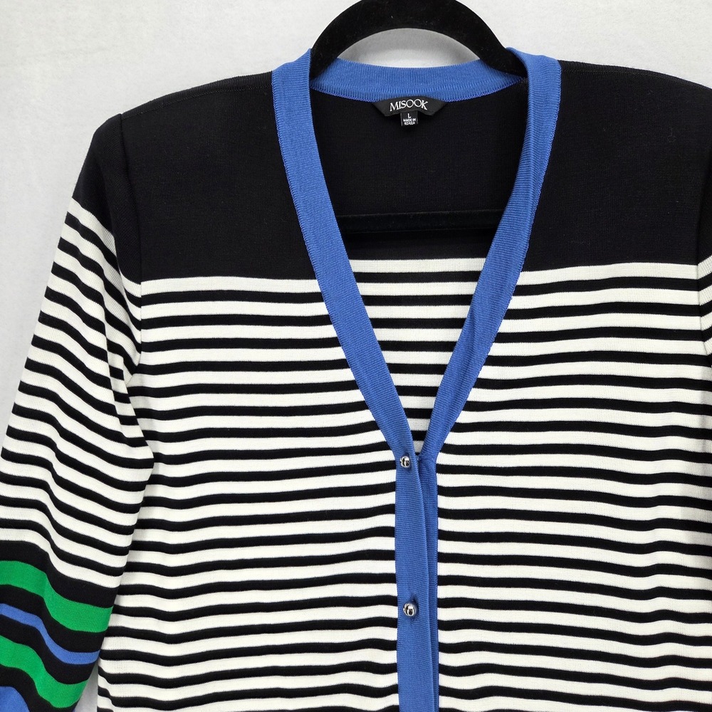 Misook Women Large Button Front Cardigan Sweater Colorblock Striped V Neck LS‎